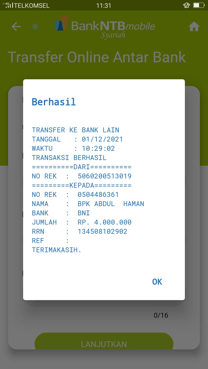 Bukti resi transfer sejumlah uang ke Abdul Haman