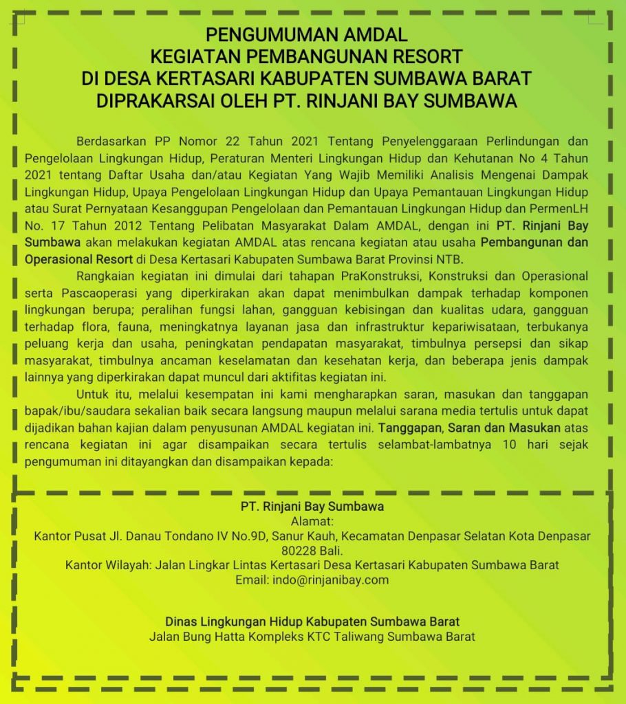 Inilah Pengumuman AMDAL Kegiatan Pembangunan Resort Di Desa Kertasari KSB, OLEH PT RINJANI BAY SUMBAWA