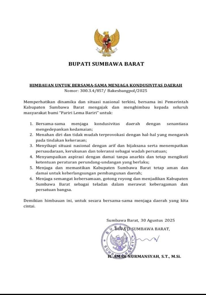 Aksi Demo Meluas, Bupati dan MUI KSB Terbitkan Surat Himbauan , Bupati Ajak Masyarakat Menjaga Situasi Daerah